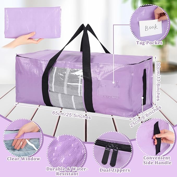 6 Pack Heavy Duty Extra Large Dorm Moving Bags with Visible Window and Reinforced Handles Heavy Duty Storage Tote for Space Saving Moving Supplies Clothes College Students(Purple)