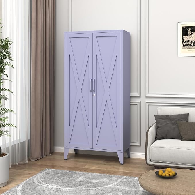 Purple Metal Pantry Cabinet with Lock,Freestanding Steel Storage Locker with 3 Adjustable Shelves,Heavy Duty Metal Storage Cabinet for Kitchen, Living Room,Laundry,Garage 61" H X 27.6" W X 13.8" D