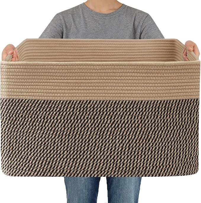 JMvicyroam Woven Blanket Basket,65L Large Storage Bin for Blankets Toys Clothes,Decorative Rope Basket for Living Room Bedroom with Handles, Jute&Black