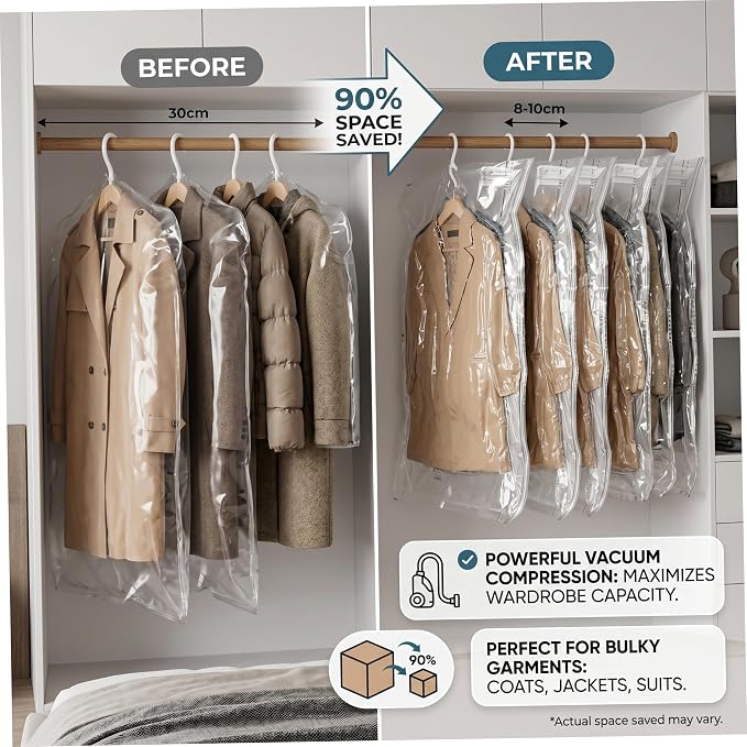 6 Pack Hanging Vacuum Storage Bags, Vacuum Storage Bags For Clothes, Space-saving Closet Organizer, 27.56x57.09 Inch Hanging