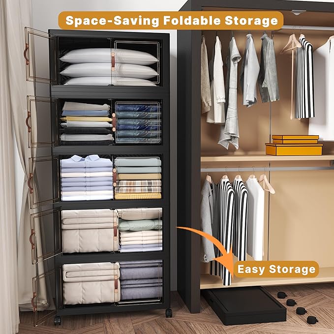 UAMFURI Extra Large Stackable Storage Bins with Lids & Wheels, Foldable Collapsible Closet Organizers Dark Storage Cabinet with Doors for Bedroom Dorm
