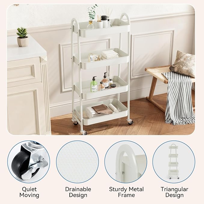 NEWBULIG 4-Tier Metal Rolling Storage Cart, Heavy Duty Mobile Utility Organizer Shelf with Lockable Wheels, Multifunctional Trolley for Daily Supplies, Home Indoor Daily Use, White