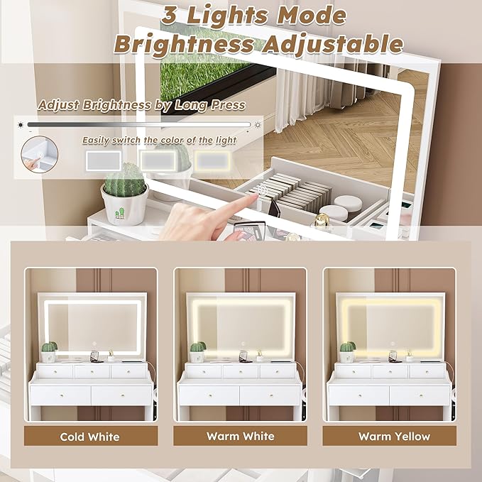 Small Makeup Vanity Desk with Large Mirror and Lights, Vanity Table with 5 Storage Drawer & Open Shelves, 3 Lighting Colors,LED Mirror Adjustable Brightness White Makeup Vanity