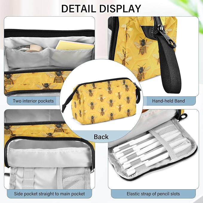Pencil Case Yellow Bee Honey Large Capacity Pencil Pouch Portable Pen Bag Aesthetic Bag Stationery Storage and Organizer for School Teen Girls Boys