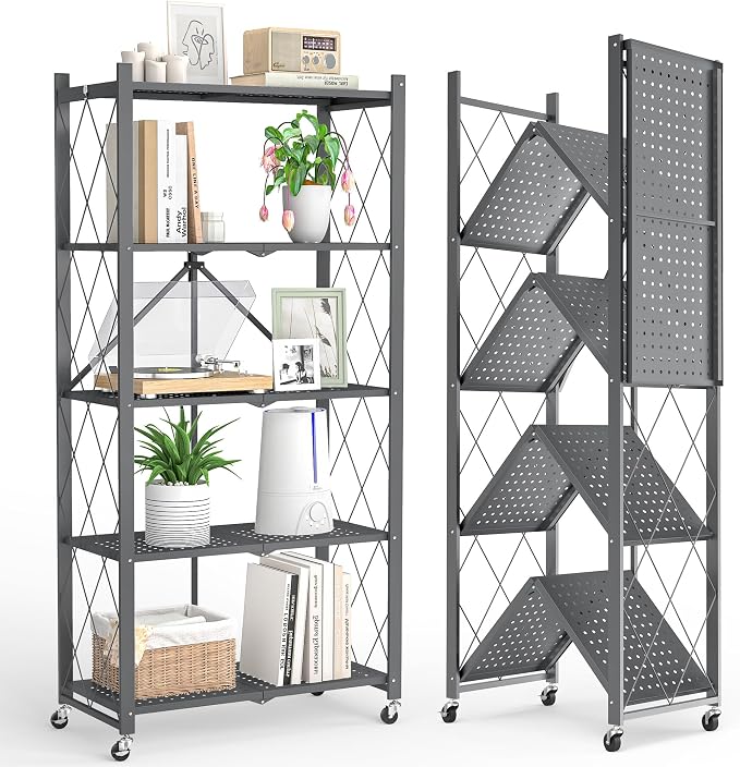 5-Tier Folding Metal Storage Rack - 63" Heavy-Duty Steel Frame with Wheels, No Assembly Utility Organizer, Rolling Shelving Unit for Kitchen, Garage, Pantry, Bedroom (Gray, 5 Tier)
