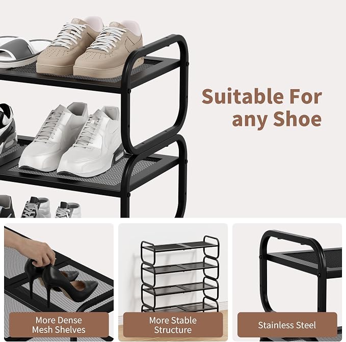 4Tier Shoe Rack - Expandable Shoe Organizer for Closet, Adjustable Metal Shoe Shelf Storage, Stackable Long Shoe Stand Holder for Garage, Entryway, Door Entrance