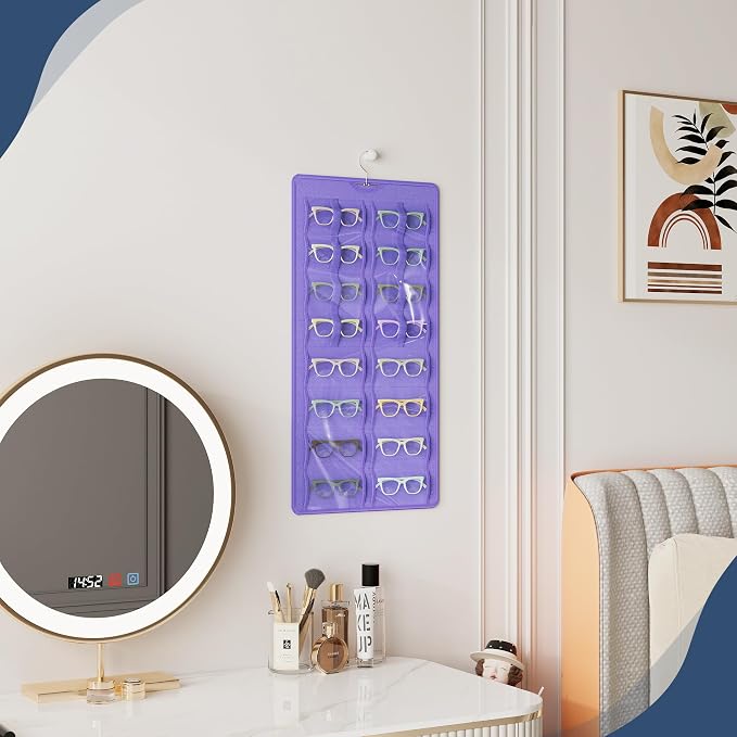 Hanging Sunglasses Organizer and Storage, 32 Slots Jewelry Holder, Purple | Protect eyewear from dust with double-sided clear compartments; roof design hangs on wall, door or closet for home/RV travel.