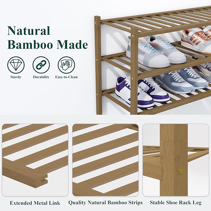 Smiry Bamboo Shoe Rack, 4 Tier Free Standing Wooden Shoe Organizer, Stackable Wood Shoe Storage Shelf for Closet, Entryway, 14 Vertical Slats, 2+2 Stack Heavy-Duty Legs, 26.8"x11"x26", Walnut