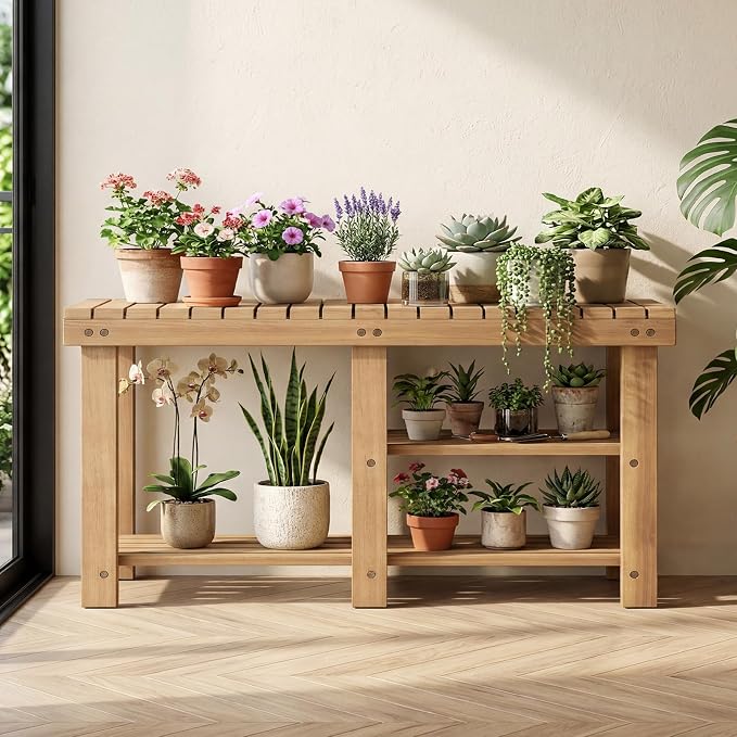 GOFLAME Wooden Shoe Rack Bench, 3-Tier Free Standing Entryway Bench Seat with Slatted Shelves, Shoe Storage Organizer for Entryway, Hallway, Bedroom, Living Room, Small Space, 34"x11"x18"