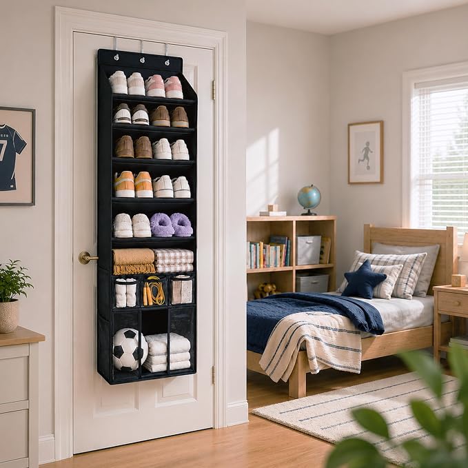 3in1 Over The Door Shoe Organizer with 5 Slanted Compartments,Removable Storage Bin & Transparent Pockets,Thickened Waterproof Oxford Fabric Shoes Rack for Shoes,Boots,Toys,Daily Essentials. (Black)