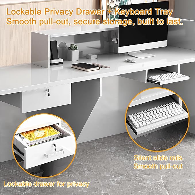 Modern Reception Desk with Counter, Front Desk Reception Counter with Lockable Drawer, Keyboard Tray & Storage Cabinet, Solid Wood Receptionist Table for Salon Office Lobby (C - Right, L 300cm/118in)