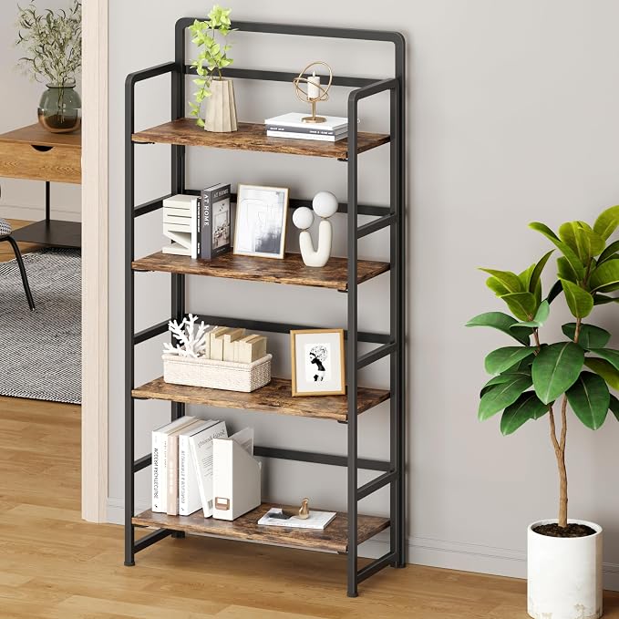 No Assembly Folding Bookshelf, 4 Tiers Collapsible Book Shelf for Home Office, Vintage Wood Foldable Bookcase Storage Organizer for Living Room Bedroom (Rustic Brown)