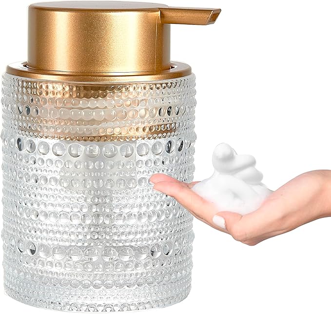 12oz Glass Foaming Soap Dispenser with Gold Pump, Hand Soap Bottles | Clear refillable bottle for bathroom hand soap, liquid, lotion. Cute decorative glass container. Easy to refill and clean