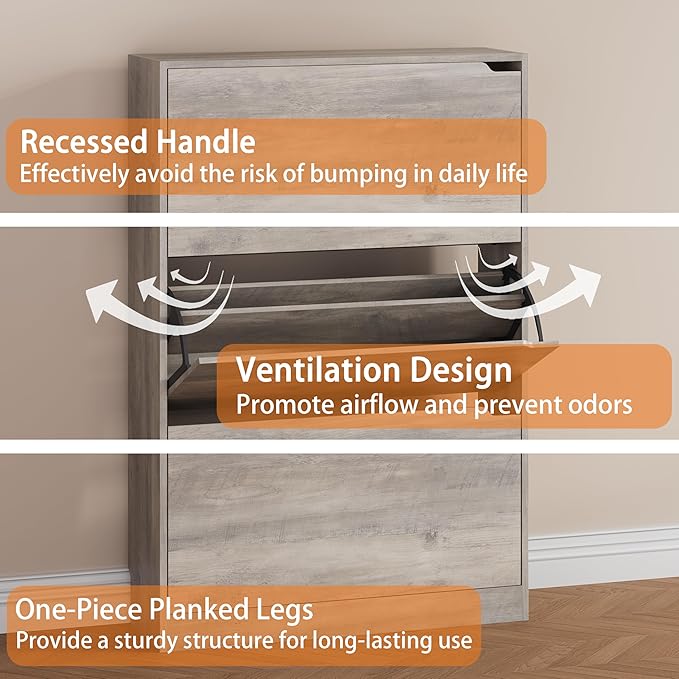 Shoe Storage Cabinet, Wood Shoe Organizer for Entryway with 3 Flip Drawers, Freestanding Shoe Rack with Adjustable Shelf, Narrow Shoe Dresser for Front Door Entrance (Grey, 3 Drawers)