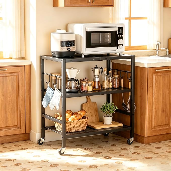 Rolling Kitchen Microwave Cart, 3 Tier Microwave Stand with Wheels, Bathroom Organizers and Storage Shelf, Serving Cart, Baker's Rack, Coffee Bar Table Station for Kitchen, Office, Black