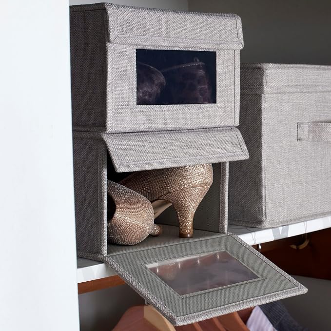Household Essentials Small Drop Front Shoe Box with Clear Front Panel, Sturdy Poly‑Blended Linen, Gray Finish, Set of 2