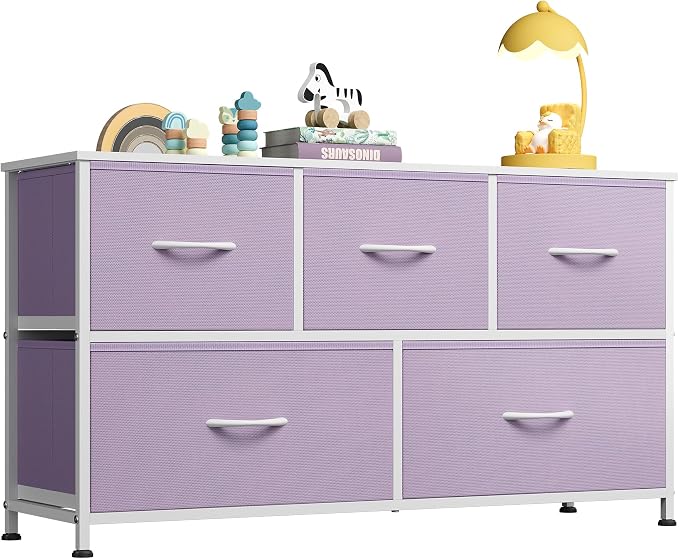 WLIVE Dresser for Bedroom with 5 Drawers, Wide Chest of Drawers, Fabric Dresser, Storage Organizer Unit with Fabric Bins for Closet, Living Room, Hallway, Purple