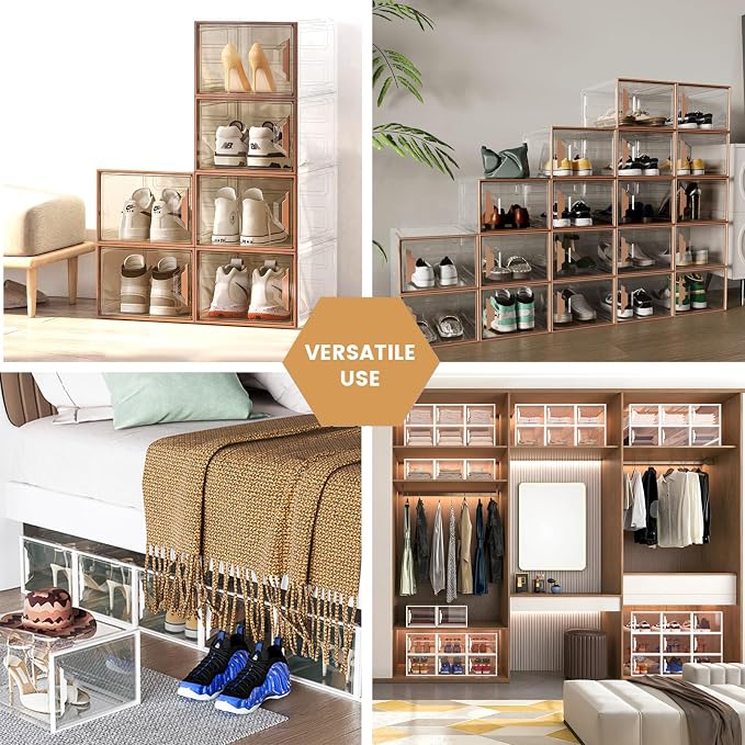 6 Pack Plastic Shoe Storage Box Organizer Magnetic Stackable | Upgraded Thicken Material, Stackable Space-saving, Fits Sneakers & Boots, Sturdy Shoe Box, Magnetic Door, Easy Assembly
