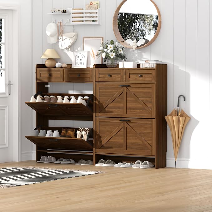 Thacuok Shoe Cabinet with 2 Flip Drawers & 2 Storage Drawers, Rustic Farmhouse Narrow Shoe Organizer Cabinet, Slim Shoe Rack Cabinet, Shoe Storage Cabinet for Entryway, Hallway