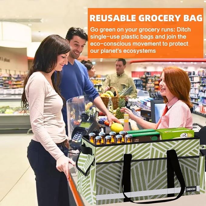 Upgrade Extra Large Utility Tote Bag with Reflective Strip, Standing Reusable Grocery Bags with Hard Bottom, Collapsible Utility Tote with Handles for Shopping, Beach, Picnics, Car, Twill Green