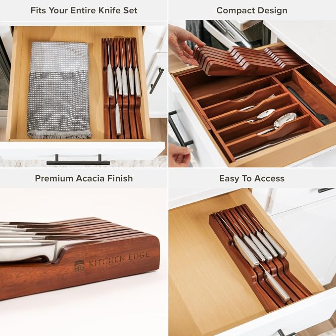 KitchenEdge In-Drawer Knife Block Holder, 11 Slots, Acacia | Fits most knife sizes, rubber feet, food-safe finish