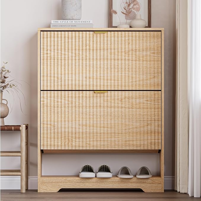 BORNOON Shoe Cabinet with 2 Flip Drawers, Fluted Shoe Storage Cabinet with Adjustable Shelves, Freestanding Rack and Organizer for Entryway, Hallway