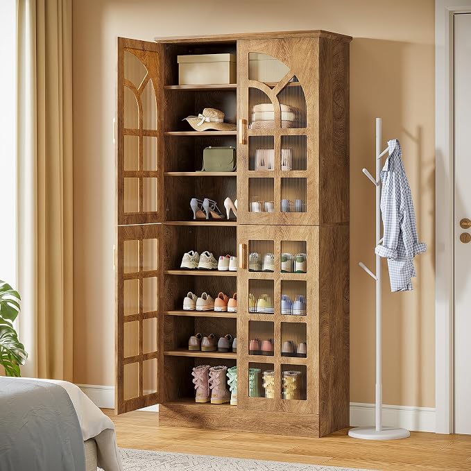 Tribesigns Tall Shoe Cabinet with Doors and Led Lights, 8-Tier Wooden Shoe Rack Organizer with Adjustable Shelves, Narrow Shoe Storage Cabinet for Entryway, Hallway, Living Room, Brown