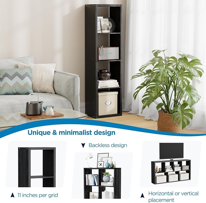 4 Cube Storage Organizer Single Row, Cube Shelf with Heavy-Duty Thick Boards, 13.31" L x 9.37" W x 48.82" H, Smooth Easy-Clean Panels, Simple Assembly, for Living Room Bedroom Office, Black