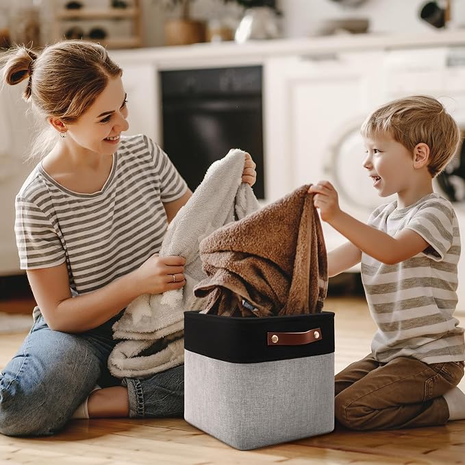 Patvingot Fabric Storage Cubes 11", 4 Pack, with PU Pull Handles,Foldable | For accessories on cube shelves or in closets; reinforced opening, pull-out access, folds flat when empty,dark and gray