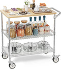 Rolling Kitchen Carts with Wheels, 3-Tier Utility Cart with Wood Tabletop | NSF Commercial Metal Serving Cart with Handle and Shelf Liner for Kitchen Snacks, 34"D x 17.5"W x 32.5"H,Chrome
