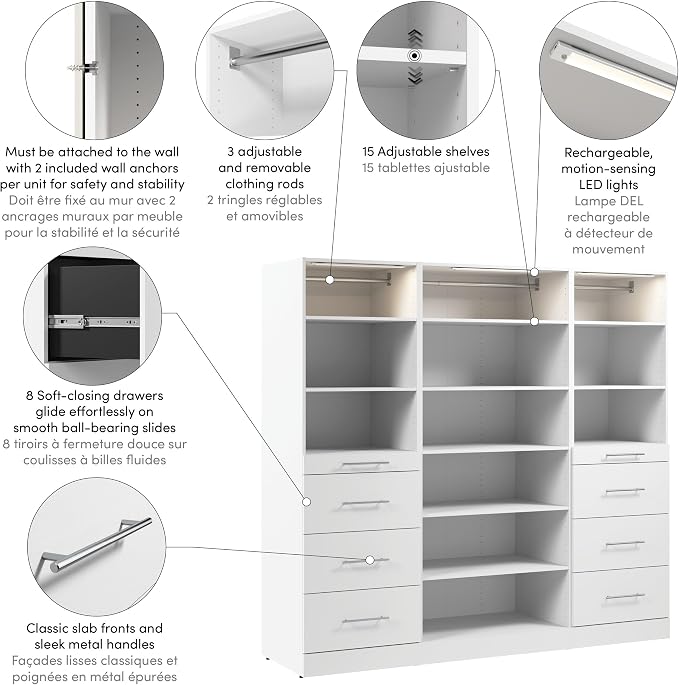 Bestar 85W x 25D Modular Closet Organizer System, Reach-in Closet or Walk-in with LED Lights, Shelves, and Drawers, Slab Style, Florence Collection, White