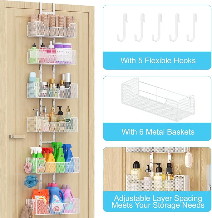 Hongtamoya Over The Door Organizer, Metal Hanging Door Organizer with 6 Adjustable Baskets and 5 Hooks, Behind The Door Storage for Closet Cabinet Kitchen Bathroom Bedroom Pantry Door Organizer, White