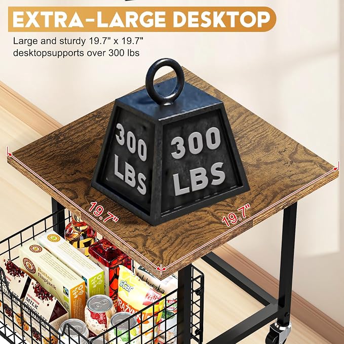 Mini Fridge Stand with Storage, Small Refrigerator Stand with Wheels, Rolling Mini Fridge Cart-Max Load 300 LBS Heavy Microwave Printer Stand Utility Cart for Dorm, Apartment, Kitchen, Office (Brown)
