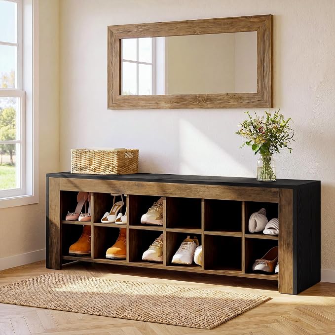 Tribesigns 48-inch Farmhouse Entryway Bench, Wooden Shoe Storage Bench with 12 Cubbies & Compartments, Shoe Rack Organizer, Freestanding Shoe Cabinet for Hallway, Mudroom, Cloakroom, Bedroom