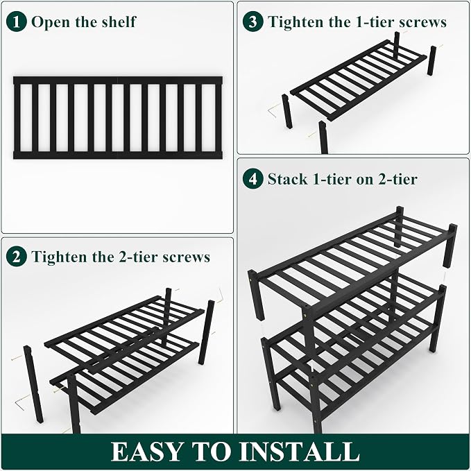 Smiry Bamboo Shoe Rack, 3 Tier Free Standing Wooden Shoe Organizer, Stackable Wood Shoe Storage Shelf for Closet, Entryway, 12 Vertical Slats, 2+1 Stack Standard Legs, 26.8"x11"x19.5", Black