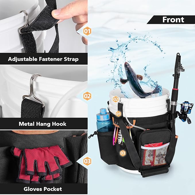 GOBUROS Fishing Bucket Organizer for 5 Gallon Bucket(Bucket not Included) | Fish Bucket Storage Caddy with Adjustable Buckle, Rod and Plier Holder and Multi-Pockets for Fishing Gear