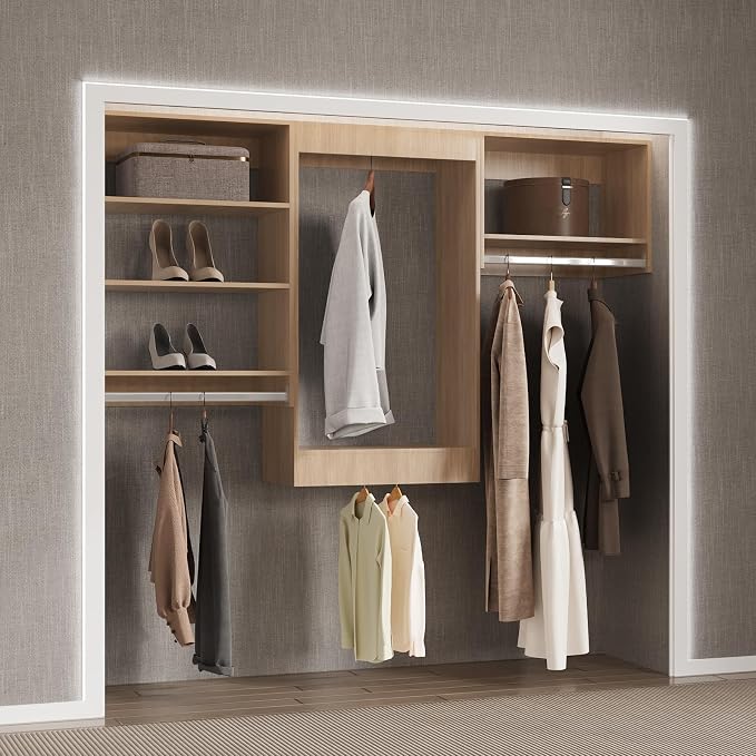 Modular Closet System, 96" Wide Closet Organizer System with Hanging Shelving , Wood Tower Closet Storage for Walk In Closets, Wall Mounted Wardrobe Organizer Kit System, Bedroom, Wood