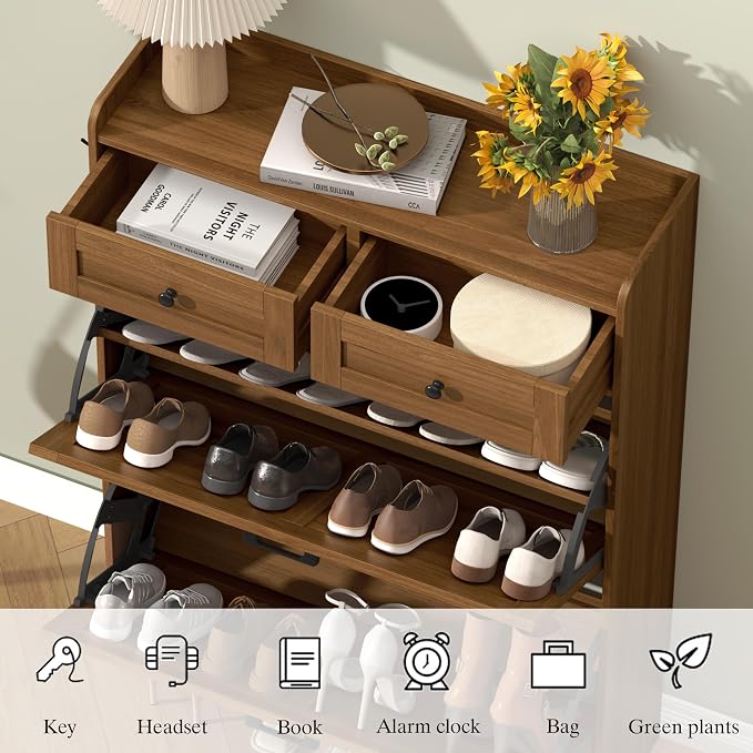 Thacuok Shoe Cabinet with 2 Flip Drawers & 2 Storage Drawers, Rustic Farmhouse Narrow Shoe Organizer Cabinet, Slim Shoe Rack Cabinet, Shoe Storage Cabinet for Entryway, Hallway