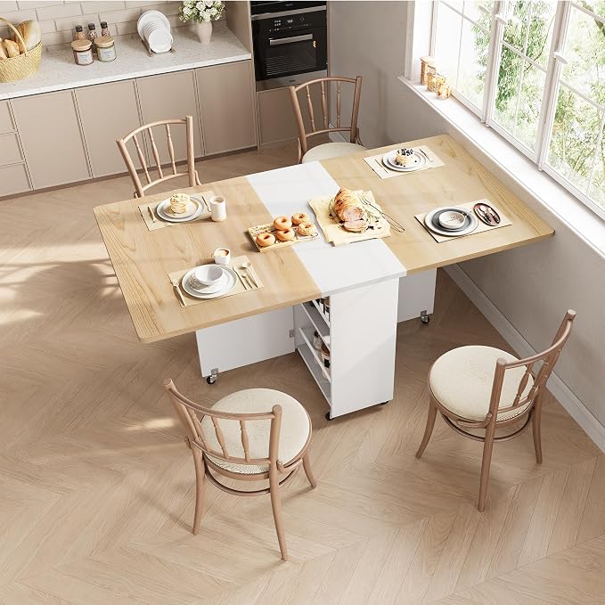 Jocoevol Folding Dining Table for Small Spaces, Foldable Kitchen Table with Drawer, 2-Tier Storage Shelf & Wheels, Space Saving Dining Table for 2 4, Farmhouse, Natural