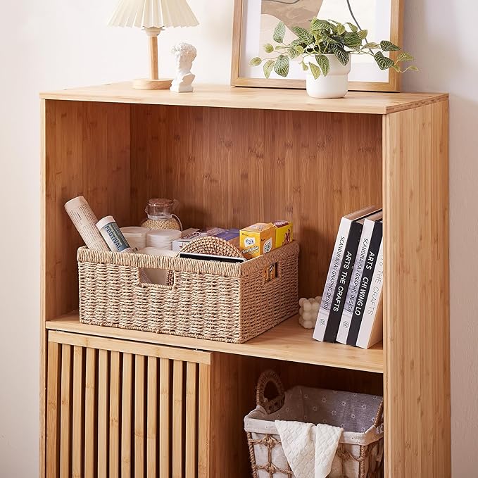 OIAHOMY Wicker Storage Basket, Rectangular Paper Rope Shelf Baskets with Built-in Handles, Woven Decorative Organizer for Pantry, Shelves, Living Room and Bathroom, 1-Pack Natural