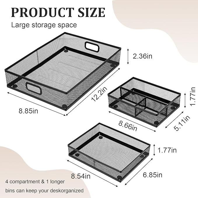Desk Drawer Organizer, Office Drawer Divider Organizer Tray 3 Pack, Metal Mesh Desktop Organization and Accessories for Stationery Makeup Kitchen Toolroom Office
