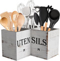 Suli Extra Large Utensil Holder Countertop for Kitchen Counter,White Grain | Hold 40 Utensil,Removable Divider,Rutic Silverware Organizer Caddy,Spacesaving,Farmhouse Cooking Crock for Spatula,Spoon,Wood