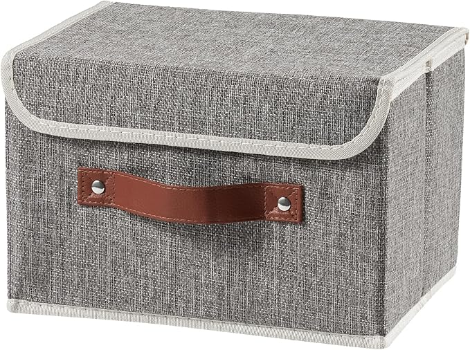 Storage Boxes with Lid Cotton Linen Fabric Storage Bins Organizer Container Decorative Collapsible Washable Shelf Baskets Faux Leather Handles for Home Bedroom Closet (Gray, Small Size)
