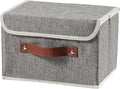 Storage Boxes with Lid Cotton Linen Fabric Storage Bins Organizer Container Decorative Collapsible Washable Shelf Baskets Faux Leather Handles for Home Bedroom Closet (Gray, Small Size)