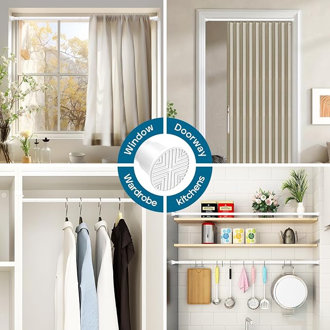 AIZESI Tension Rod 24-46 inch, Tool-Free No Drill Spring Curtain Rod, White | Renter Friendly Curtain Rod, No Fall Adjustable, for Windows, Kitchen, Closet, Bathroom, High Carbon Steel