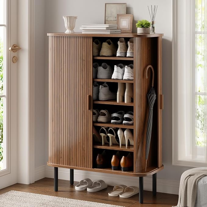 ONBRILL 6-Tier Shoe Cabinet with Sliding Door, Wooden Shoe Storage Cabinet with Adjustable Shelves, Mid-Century Modern Freestanding Shoe Storage Organizer for Entryway, Hallway, Living Room, Walnut