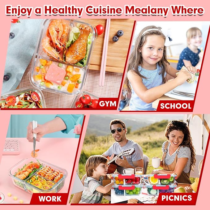 VERONES 5 Pack Glass Meal Prep Containers 3 Compartment Set, 36OZ Airtight Glass Lunch Containers, Glass Food Storage Containers with Lids, for Microwave, Oven, Freezer & Dishwasher Friendly,Red