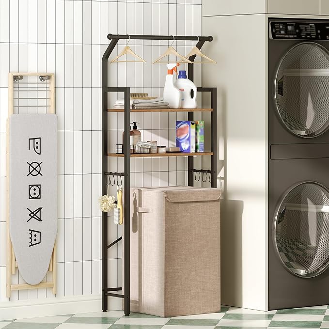 YATINEY 2-Tier Over The Toilet Storage, Multifunctional Vertical Over Toilet Bathroom Organizer, Freestanding Bathroom Storage Shelves with Hooks, Bathroom Organizer, Rustic Brown and Black TR01BR