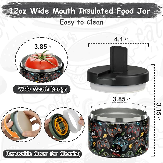 Pawtong 12oz Insulated Vacuum Food Jar with Buckle Lid Wide Mouth Soup Thermo for Hot Food Kids Leakproof Stainless Steel Lunch Container (Black-Game)