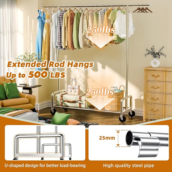 Simple Trending Heavy Duty Clothing Clothes Rack with Wheels for Hanging, Metal Rolling Garment Rack Organizer Load 500 LBS, Chrome | 500LBS Load, Metal Garment Rack, Industrial 360° Lockable Wheels, Bottom Shelf, Bedroom, Laundry Room